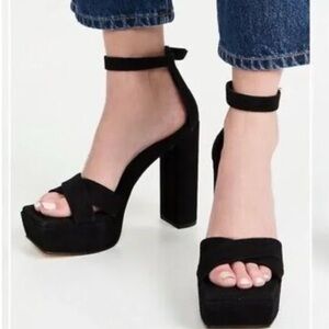 Good American Platform Block Heel Sandals - Black Suede